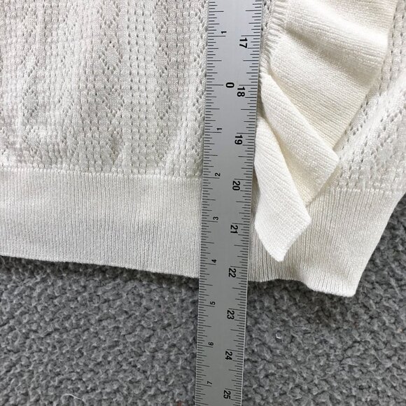 NWOT Lightweight Sweater Womens Medium M White Pointelle Knit Ruffle Front - Picture 9 of 9